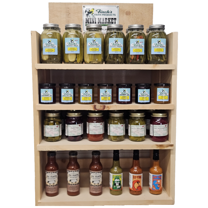 a 4 shelf display case for retailers to display our products. Top row are our cloudy pickle and beans jars. second row are our jams, third row are our specialty pickles and beets, last shelf displays our pig parts sauce and hot sauces. 