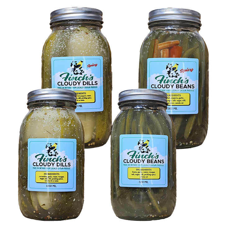 4 jars with the left and right jars lower than the 2 middle jars. 2 jars are of Cloudy pickles and Cloudy Pickles Spicy. 2 jars are of Cloudy Beans and Cloudy Beans Spicy